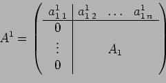 \begin{displaymath}
A^1 =
\left(
\begin{array}{c\vert ccc}
a_{1\:1}^1 & a_{1\:2...
...e
0 & & & \\
\vdots & & A_1 & \\
0 & & &
\end{array}\right)
\end{displaymath}