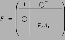 \begin{displaymath}
P^2=
\left(
\begin{array}{c\vert c c c c }
1 & & \bigcirc ^T...
...circ& & & & \\
& &P_2 A_1 & & \\
& & & &
\end{array}\right)
\end{displaymath}